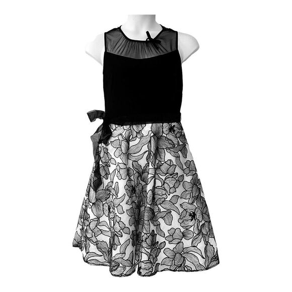 SLNY Mesh & Knit Black White Cocktail Party Guest Retro Knee Length Twofer Dress - Picture 1 of 12